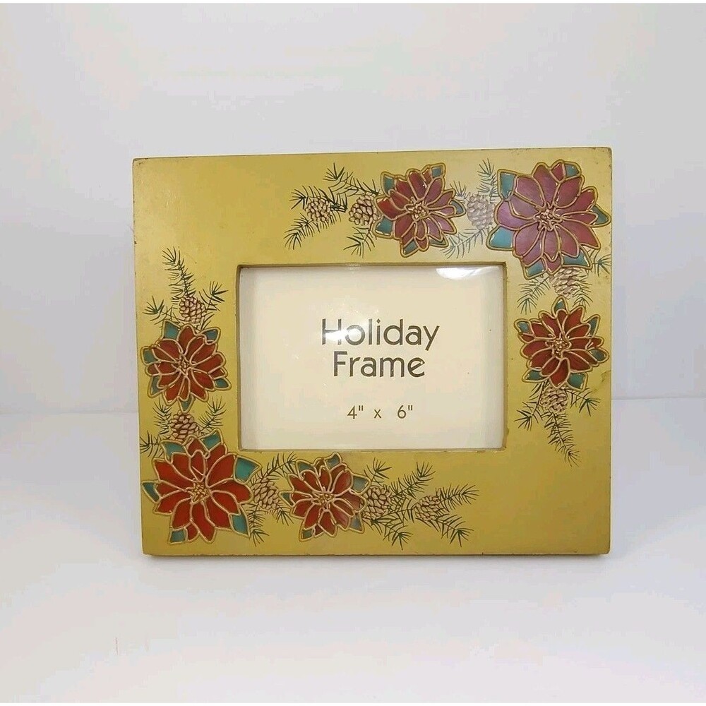 Holiday picture frame 8.25 x 7 in. Gold with poinsettia and pine needle decor